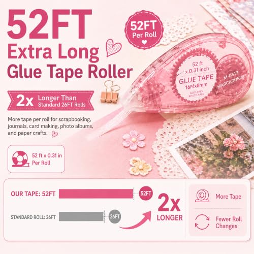 MARCADORUS Double Sided Tape Roller, Scrapbook Glue Tape 6 Pack, Extra-Long | 52 Ft x 0.31 In Each, 312 Ft Total; Permanent, Acid-Free, Photo-Safe Tape for Scrapbooks, Journals, Cards & Crafts - size: 52.5 Ft x 0.31 In : 6 Pack