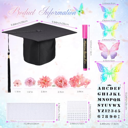 Lyrow 51 Pcs DIY Graduation Cap Decorations Kits Included Grad Cap Pens Faux Flowers Letter Number Stencils Rhinestones Stickers 3D Butterflies for Grad Hat Topper Decors Craft Art DIY(Bright Pink) - color: Bright Pink