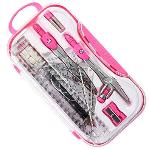 Vobou 10 pcs Math Geometry Set Student Supplies,Compass Kit Set (Pink） | Shatterproof Storage Box,Rulers,Protractor,Compass,Eraser,Pencil Sharpener,Lead Refills,Pencil,for School and Drawing - color: Red