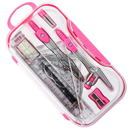 Vobou 10 pcs Math Geometry Set Student Supplies,Compass Kit Set (Pink） | Shatterproof Storage Box,Rulers,Protractor,Compass,Eraser,Pencil Sharpener,Lead Refills,Pencil,for School and Drawing - color: Red