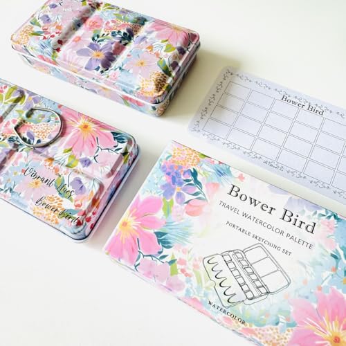 Bower Bird Travel Watercolor Palette,Portable Ceramic Palette,Empty Paint Palette,Small Travel Metal Paint Boxwith Porcelain Palette - size: 5 x 3 x 0.5 inches