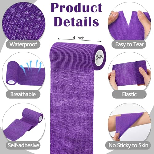 Treela 36 Pcs Self Adherent Bandage 4" X 5 Yard Wrap Breathable | Cohesive Bandage Elastic Adhesive Tape for Stretch Athletic Sports Wrist Ankle - color: Deep Purple, size: 4" X 5 Yard