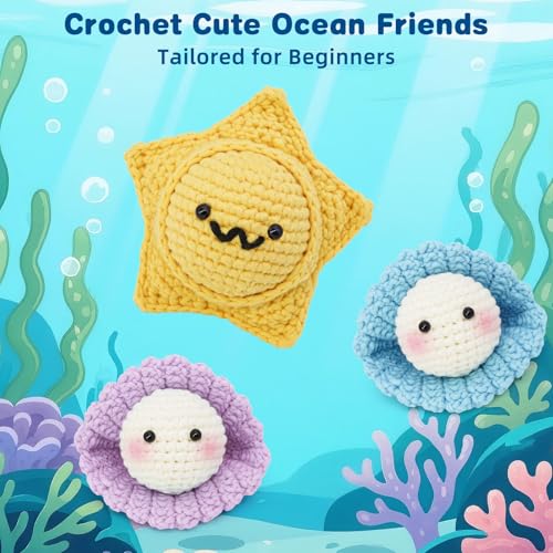 WaldyWop Crochet Kit for Beginners: 3Pcs Ocean Friends Wobbles Crochet Animal Kit for Starter Adults - Dly StressRelief Ball w/ 40% Extra Yarn, Easy Video & Instructions - Christmas Gift for Women - color: Star
