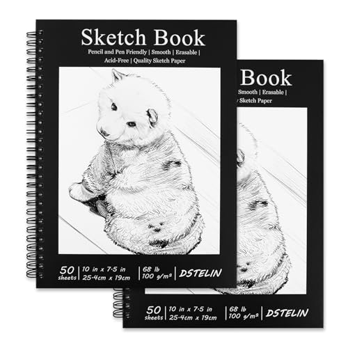 DSTELIN 10 x 7.5 Inch Black Sketchbook Set, 2-PC, Spiral Bound, 50 Acid-Free Drawing Sheets Each, Ideal for Beginners to Professionals