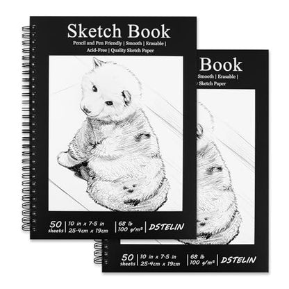 DSTELIN 10 x 7.5 Inch Black Sketchbook Set, 2-PC, Spiral Bound, 50 Acid-Free Drawing Sheets Each, Ideal for Beginners to Professionals