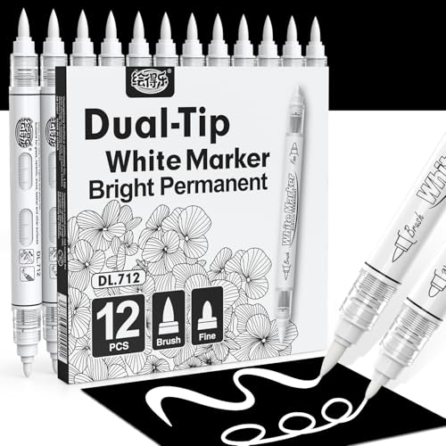 Guangna Dual Tip White Acrylic Paint Markers, Brush & Fine Tip, Direct Liquid Ink System White Permanent Pens for Fabric, Plastic, Rock Painting, Wood, Glass, Ceramic, Canvas, Stone, DIY Crafts - color: White (Dual Tip )