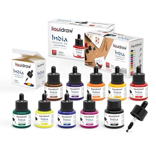 Liquidraw Waterproof Colored Drawing Ink with Dropper | 10 x 1.18 fl oz (35 ml) Bottles | Set of Assorted Colors | India Ink for Calligraphy, Pens & Dip Pens | Ideal for Drawing, Writing & Art Project - style: Set of 10 (Assorted Colours)
