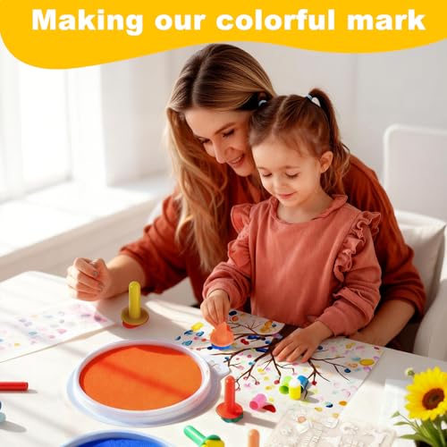 Washable Finger Paint Set - 7" Large Round Ink Pads (8 Colors) with 5 Paint Stamps, 4 Sponge Dabbers & 2 Stencils | Crafts, Classroom Art, Hand & Footprint Keepsakes, Christmas & Birthday Gifts