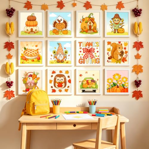 Fall 12 Packs Pre Drawn Canvas to Paint, Thanksgiving Pre Printed Canvas for Painting, Pre Stretched Canvas Outline Painting Boards for Beginners, Students, Party Favors(4 * 4in) - color: Fall