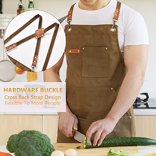 Aoomzoon Canvas Aprons for Men Chef Apron, Work Apron with Large Pockets - 16oz Heavy Duty Cross Back, BBQ, Cooking - color: Brown