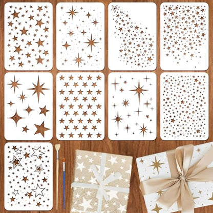 9pcs Star Stencils for Painting Plastic Twinkle Stars Drawing Stencils for Crafts Reusable Templates with Brushes Painting on Wood Wall Furniture Card Canvas Fabric Scrapbook Photo Album - style: Star