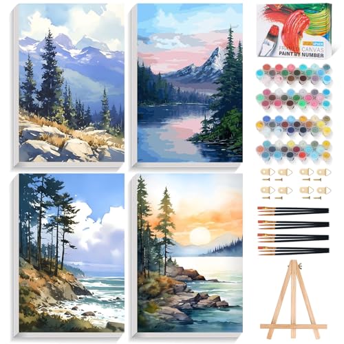 4 Pack Framed Paint by Numbers Kit for Adults Landscape with Wooden Easel - color: FOP4P-01