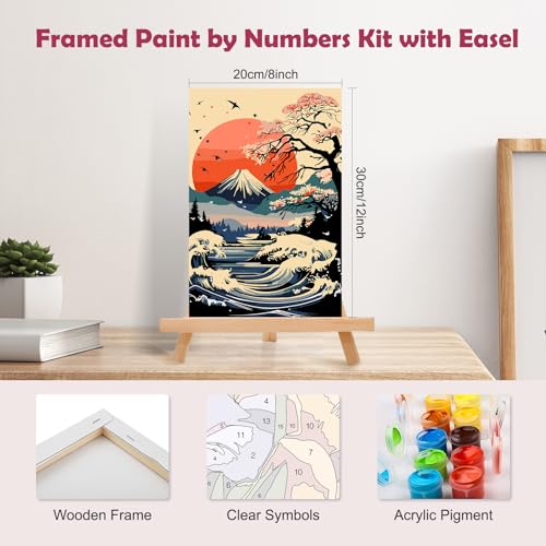MOGTAA The Great Wave Paint by Numbers Kit for Adults Beginners with Frame, Landscape Adult Paint by Number Kits on Canvas with Easel, Easy DIY Oil Painting Kits for Home Decor, 8x12in - color: The Great Wave