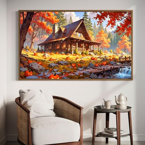 DDGEMART 5D Diamond Painting Kit for Adults, Full Drill Autumn Cabin Pumpkin Harvest Woods Fall Art for Beginners, Large Horizontal 28x16 inch - color: Cabin & Pumpkin
