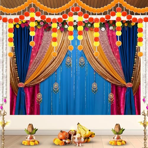 Yeele 9x6ft India Pooja Backdrop Diwali Marigold Blue Curtain Background for Photography Indian Ganpati Puja Traditional Wedding Festival Party Decoration Photo Booth Props - size: 9x6ft