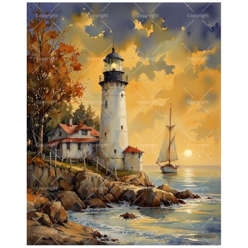 Sunset Sailing Paint by Numbers Kit for Adults - DIY Lighthouse and Sailboat Painting on Canvas, Acrylic Paint Set, Suitable for Beginners, Art for Home Decoration or Gifts(8X12IN Framed) - color: TCXY06322, size: 8X12IN Framed