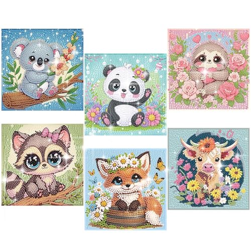 ajepon 6 Pack Animal Diamond Art Kits for Kids, Cute Animals Diamond Art for Kids Ages 8-12, Koala Panda Sloth Raccoon Fox Cow Diamond Painting Kits for Kid for Gift Home Wall Decor (6x6inch) - color: 6DXZ107