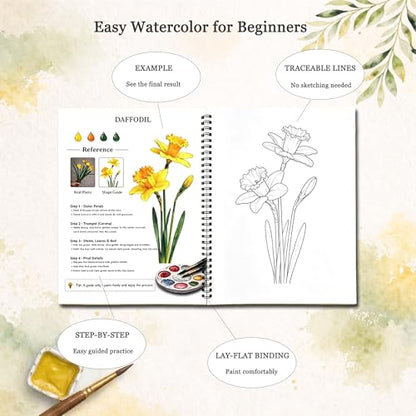 Watercolor Workbook for Beginners, Traceable Flower Outlines