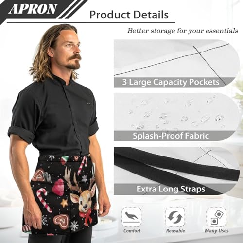 Waist Apron with 3 Pockets Waterproof 13 Inch Short Half Waist Aprons Women Men Server Aprons Waitress Waiter Apron - color: Christmas Deer