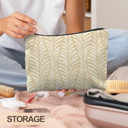 Boho Beige Leaf Makeup Bag, Neutral Block Print Leaves Cosmetic Bags for Women, Minimalist Beige Botanical Zipper Makeup Pouch - color: Grass