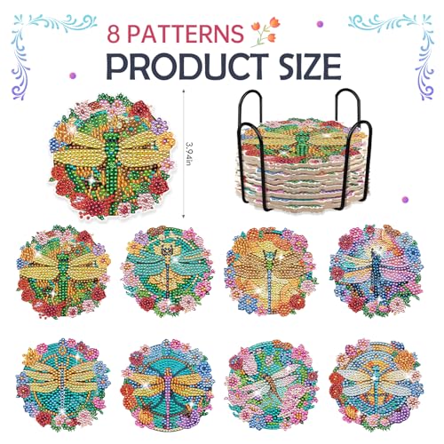 Dragonfly Diamond Art Coasters - 8 PCS DIY Colorful Flower Glass Diamond Painting Kits Special Shaped Non Slip Drink Coaster with Holder Art Craft Supplies Birthday Gift for Beginner Adult - color: Dragonfly