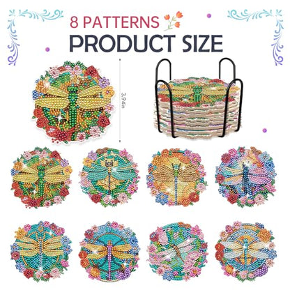 Dragonfly Diamond Art Coasters - 8 PCS DIY Colorful Flower Glass Diamond Painting Kits Special Shaped Non Slip Drink Coaster with Holder Art Craft Supplies Birthday Gift for Beginner Adult - color: Dragonfly
