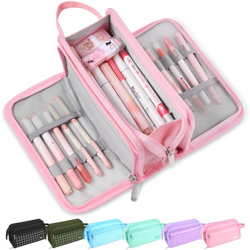 Sooez Large Pencil Case, Pencil Pouch, Pencil Bag, Pencil Box, Pink & Plaid | Ample Storage, Durable Canvas, Smooth Zippers, Portable Handle, Cute Stationery Organizer, Makeup Bag, School Supplies, Girls - color: Pink with Plaid