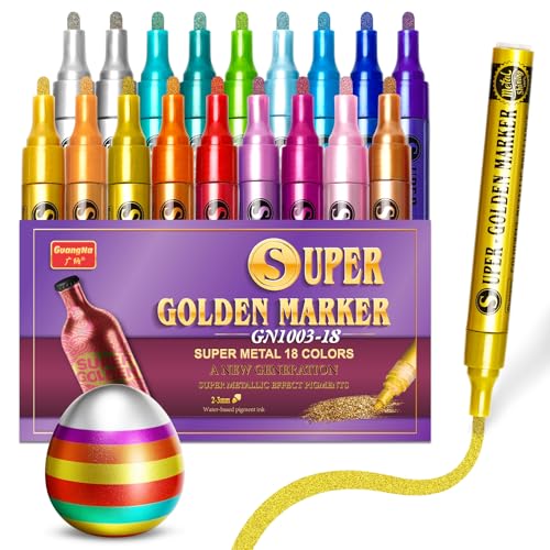 Redfun 18 Colors Metallic Acrylic Paint Markers, Super Golden Glitter Markers Painting Pen Sets for Black Paper, Scrapbook, Card Making, Rock, Glass, Wood, Fabric, Metal, Christmas DIY Crafts - color: 18 Colors