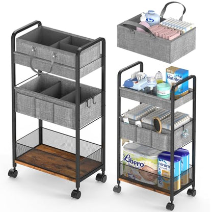 LIDTOP 2In1 Baby Diaper Caddy & 3-Tier Rolling Diaper Cart, Diaper Caddy Organizer Cart with Dividers, Mobile Metal Utility Cart for Nursery Essentials, Detachable Bedside Cart, Large Capacity - color: Black