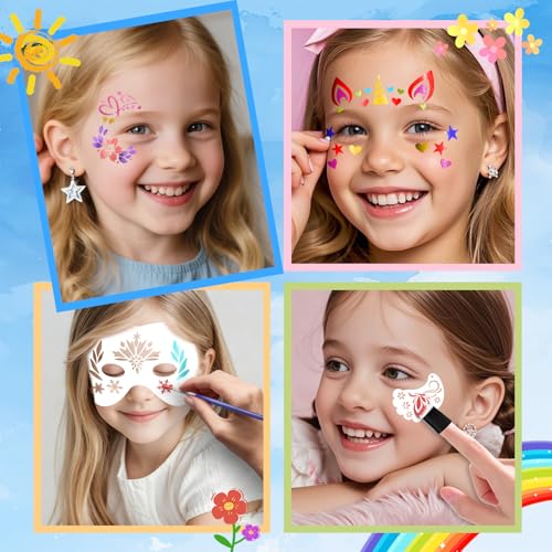 58 PCS Face Paint Stencils for Kids and Adults, 36 Reusable Facial Painting Templates, 6 Sticky Tattoo Stencils, 10 Makeup Brushes, 2 Adhesive Gem Stickers, 4 Finger Sponges for Party Makeup - color: blue