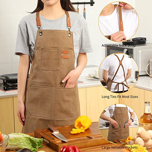Tosewever Canvas Cross Back Chef Cotton Aprons for Men Women with Large Pockets - color: Cappuccino Brown