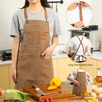 Tosewever Canvas Cross Back Chef Cotton Aprons for Men Women with Large Pockets - color: Cappuccino Brown
