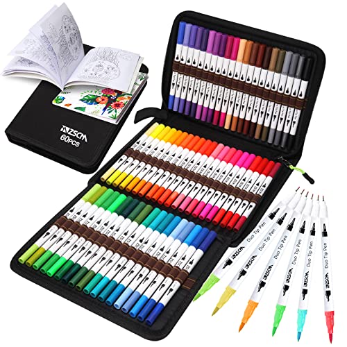 ZSCM 60 Colors Markers for Adult Coloring Books No Bleeding - Duo Tip Pens | Fine & Brush Coloring Marker for Adult Calligraphy, Illustration, Cards Drawing, Note taking Lettering, Journaling - color: 60 Colors