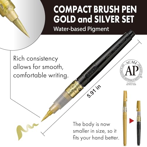 Kuretake Fude Brush Pen Compact CHUJI, Gold & Silver Ink, Medium tip marker, for Calligraphy, Manga, Drawing, Professional, Artist, Made in Japan - style: Medium(set)