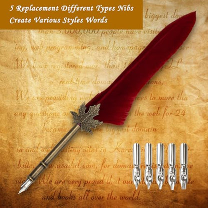 AHIER Quill Pen and Ink Set, Feather Pen Quill Pen Set Includes 5 Steel Replacement Nibs,Pen Nib Base and Dip Ink Bottle for Antique Calligraphy (Red) - color: Red