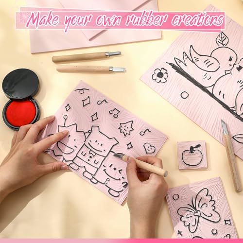 MotiMind 8 Pcs 4 Sizes Linoleum Blocks for Printmaking, Pink Rubber Stamp Carving Blocks, Soft Rubber Carved Bricks for DIY Printmaking Stamps Making and Craft Projects - size: 4 Sizes