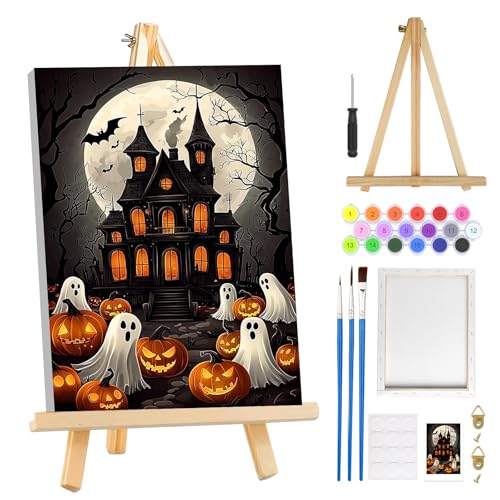 MOGTAA Halloween Paint by Numbers Kit for Adults Beginners with Frame, Ghost Adult Paint by Number Kits on Canvas with Easel, Easy DIY Pumpkin Oil Painting Kits for Home Decor, 8x12in - color: Halloween Ghost