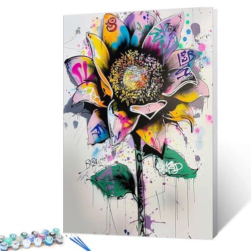 Tucocoo Street Graffiti Sunflower Painting Kits for Boys and Girls Dazzling Graffiti Paint by Numbers for Beginner and Adults Pastel Colors Artwork Gift for Friends and Family 16"x20" (DIY Framed) - color: Artwork-08, size: 16''Wx20''H(DIY frame)
