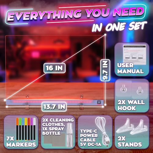 LED Drawing Board with USB-C Power – 16 Inch Acrylic Light Board for Tracing with Edge-Lit Color-Changing Glow, 7 LED Colors, 6 Light Modes – Plug-and-Use Kit with Markers, Stands, Gift Box (Blue) - style: Style Blue