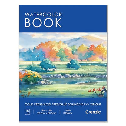 Creazic Watercolor Paper Pad, 9"x12", 140lb/300gsm Cold Press Artist Paper - color: Blue, size: 9" x 12" Glue Bound