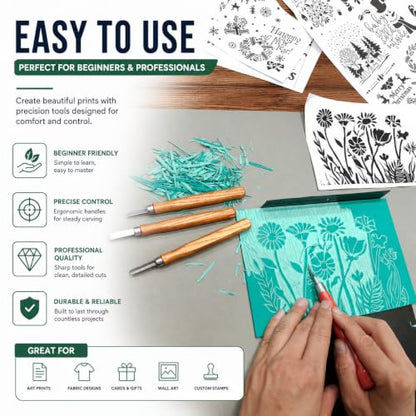 Xenolog Complete Block Printing Kit - All-in-One Lino Cutting Tools Set with Soft Rubber Blocks, Brayer, Ink & Storage Case - Deluxe Linocut Stamp Making Printmaking Supplies for Beginners