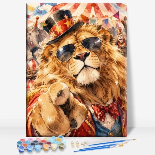 Aeontinity Circus Lion Animal Framed Canvas DIY Paint by Numbers Kit Bar Cafe Cave Home Room Wall Bathroom Porch Patio Decor Gift, 16 x 12 Inch - color: CIRCUS LION - 16 x 12 Inch