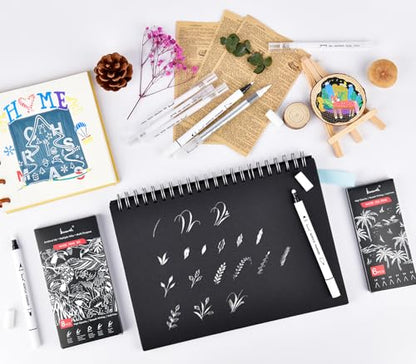 Brusarth White Ink Pen Set, Opaque Acrylic Gel Ink for Black Paper | Archival Dual-Tip White Opaque Pens, Fine & Brush Tips for Black Paper Drawing,Sketching,Illustration,Card Making