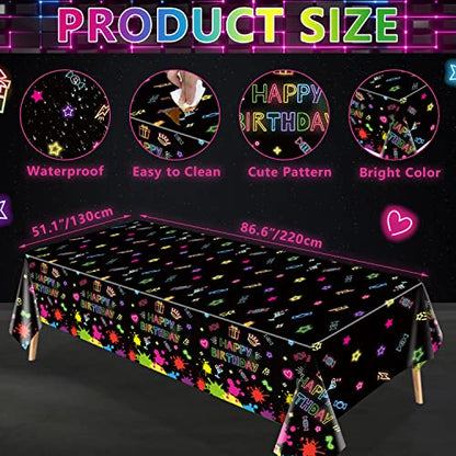 4 Pack Glow Party Table Covers Neon Tablecloths Disposable Plastic Neon Table Cloth Black Light Tablecloth Black Light Decorations Glow in The Dark Party Supplies Blacklight Decor 86 x 51 Inch