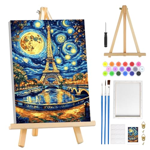 MOGTAA Eiffel Tower Paint by Numbers Kit for Adults Beginners with Frame, Abstract Landscape Adult Paint by Number Kits on Canvas with Easel, Easy DIY Oil Painting Kits for Home Decor, 8x12in - color: Tower