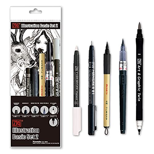 Kuretake Zig Inktober pen set, for Illustration, Manga Drawing, Lettering and Calligraphy, Professional Artist, Made in Japan (Basic No.2(5pcs.)) - style: Basic No.2(5pcs.)