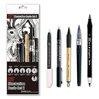 Kuretake Zig Inktober pen set, for Illustration, Manga Drawing, Lettering and Calligraphy, Professional Artist, Made in Japan (Basic No.2(5pcs.)) - style: Basic No.2(5pcs.)