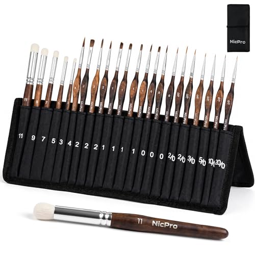 Nicpro 22 PCS Kolinsky Sable Miniature Paint Brushes Dry Brush | Professional Model Paint Brush Set with Cloth Roll, Fine Detail Brush Set for Miniatures, Acrylic & Figures, Model,Watercolor - size: 22 PCS