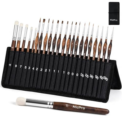 Nicpro 22 PCS Kolinsky Sable Miniature Paint Brushes Dry Brush | Professional Model Paint Brush Set with Cloth Roll, Fine Detail Brush Set for Miniatures, Acrylic & Figures, Model,Watercolor - size: 22 PCS