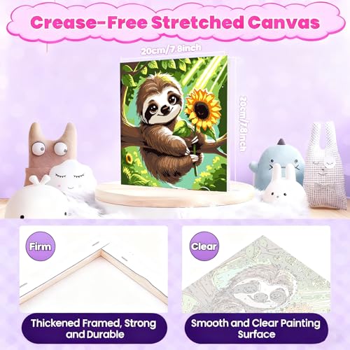 Gemozaic Sloth Paint by Numbers Kit for Kids Ages 8-12 with Frame & Easel | Cute Animal Kids Paint by Number on Canvas, DIY Acrylic Painting by Numbers for Teens Boys Girls for Birthday Gift, 8x8 IN - color: BKH1865